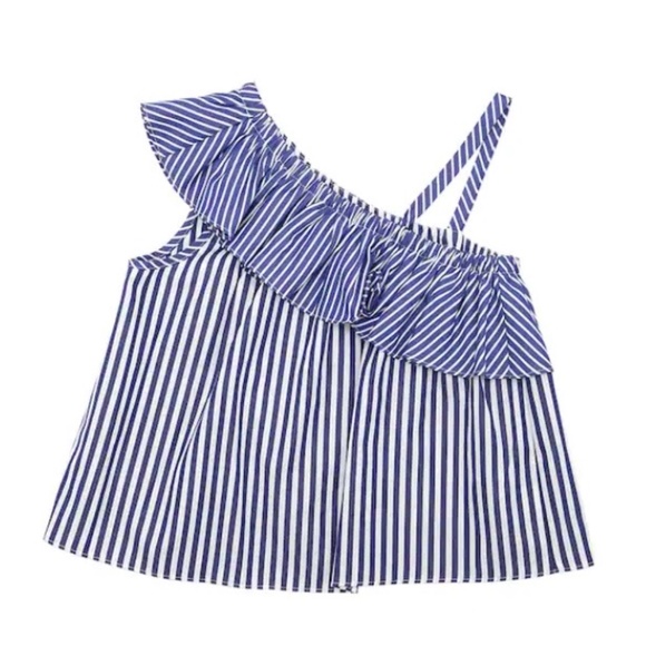 Milly Minis Blue Striped Cotton Poplin One Shoulder Top